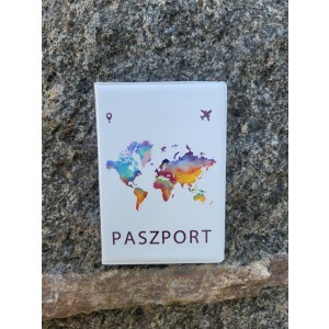 Okładka na paszport z kolorową mapą świata